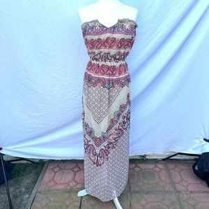 Beige Tube Top Maxi Dress with Pick and Blue Designs